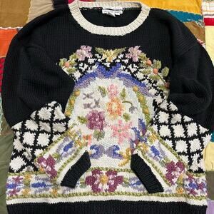 Vintage Jennifer Reed Hand Knitted Floral Designed Black Sweater Medium